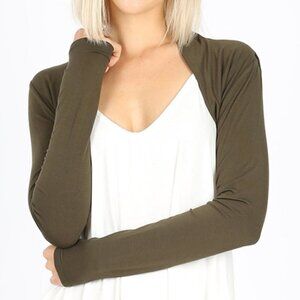 Zenana Ladies Dark Olive Long Sleeve Bolero Side Shirring Sleeve Cover Up Rayon